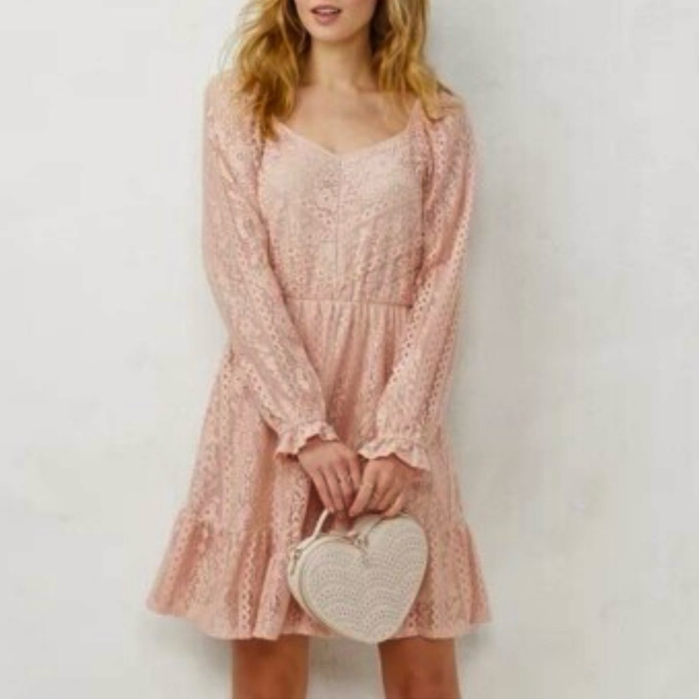 LC Lauren Conrad Cottagecore Dress Ruffled Hem Long Sleeve Lined Medium Pale Pin